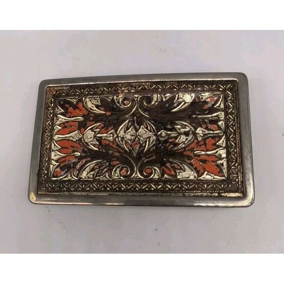 Vintage Belt Buckle Silver And Western Orange Design Rectangular - Picture 3 of 7